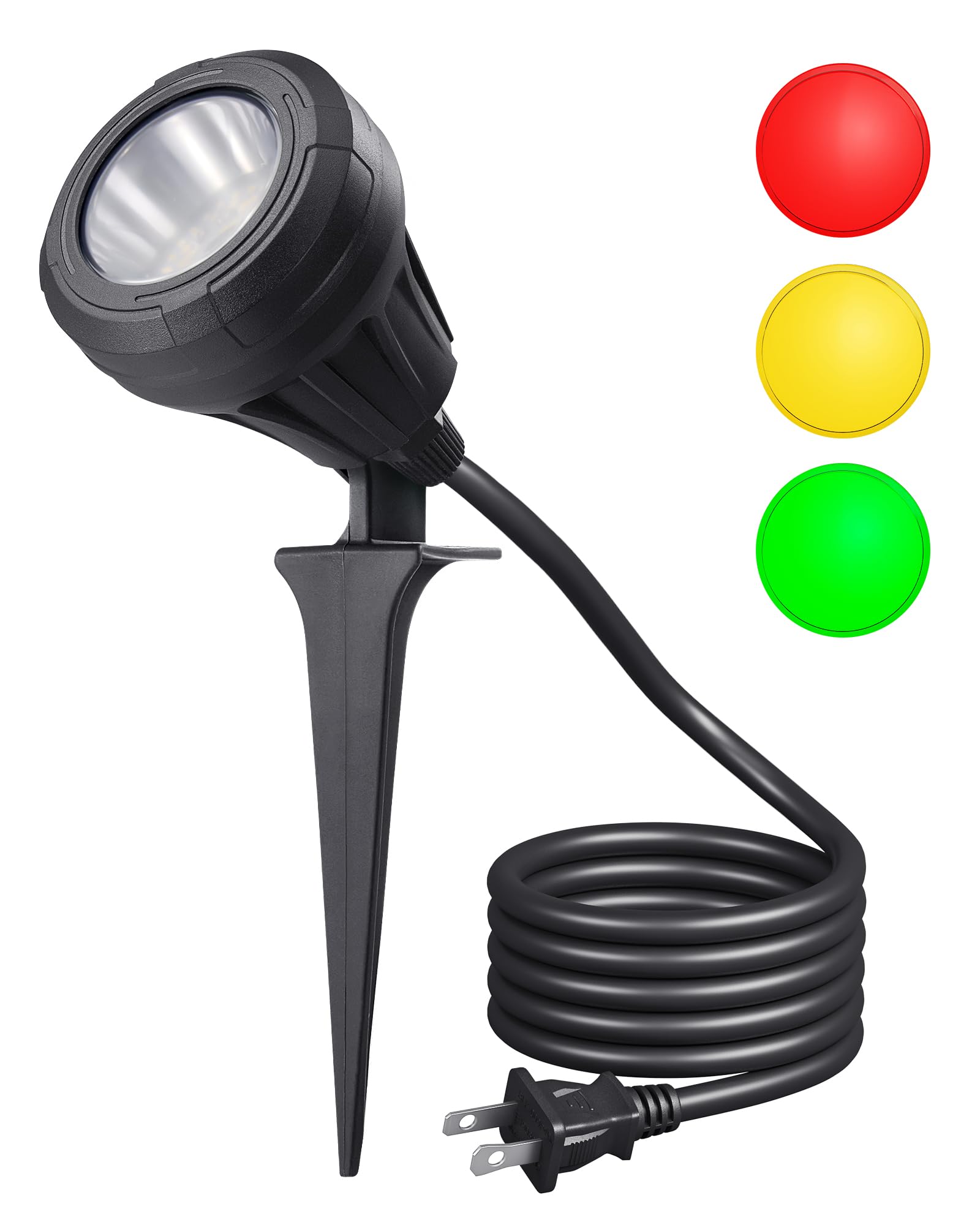 Photo 1 of DEWENWILS 120V LED Outdoor Spotlight, 3 Extra Lenses (Red Green Yellow), 5.5W 5000K Plug in Spotlight, Waterproof Landscape Light for Yard, Tree Flag, Holiday, 5FT Extension Cord, UL Listed