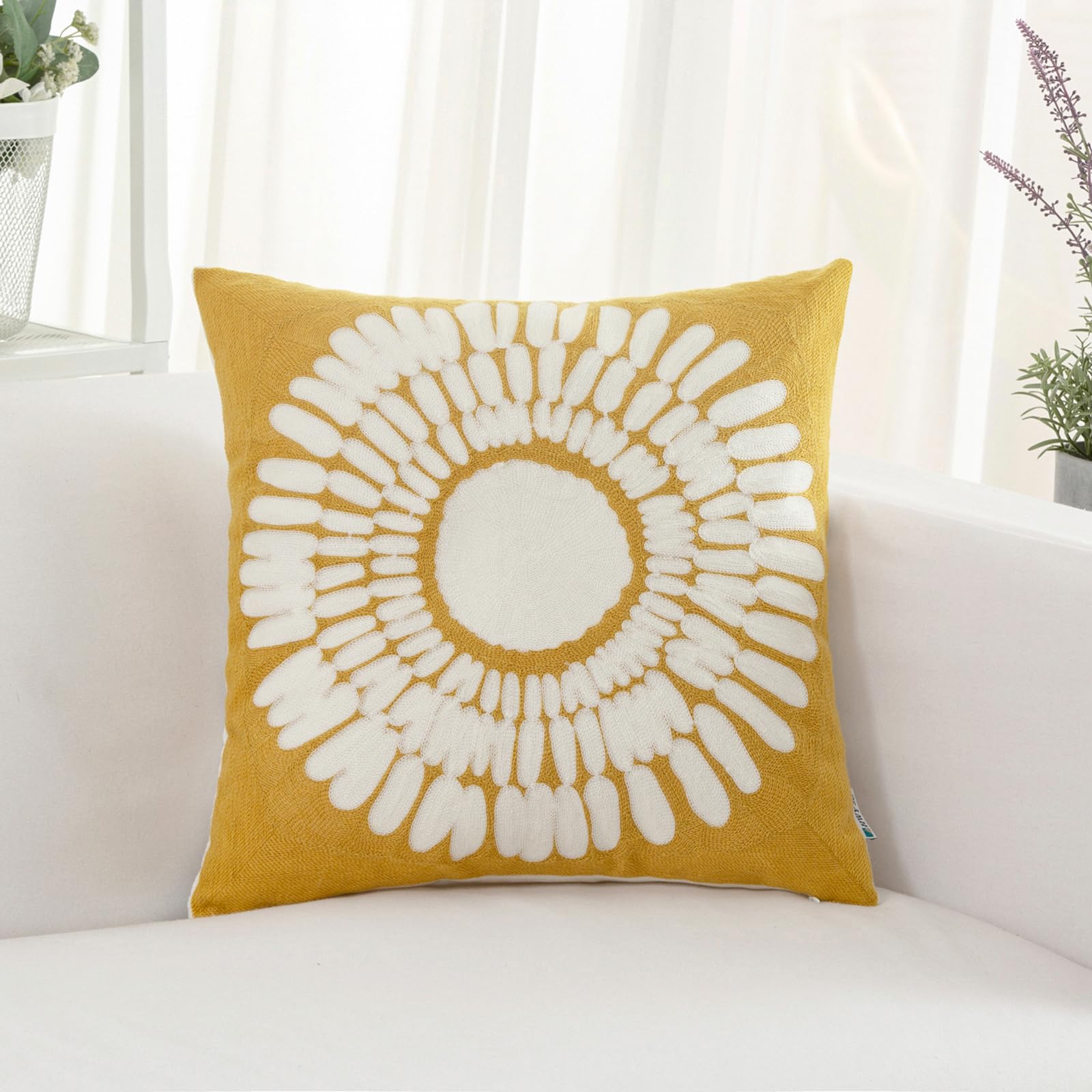 Photo 1 of HWY 50 Mustard Yellow Decorative Throw Pillow Covers 18x18 Inch (1 Piece), Embroidered Cotton Modern Farmhouse Cushion Cover Pillow Case for Sofa Couch Living Room Bed, Sunflower