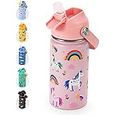 Kids Water Bottle 14oz with Silicone Straw Lid - Insulated Toddler Water Bottle Stainless Steel Keeps Cold 24H, Leak Proof & Unicorn Rainbow Prints Girls Design | Custom Name Tag for School, Pink