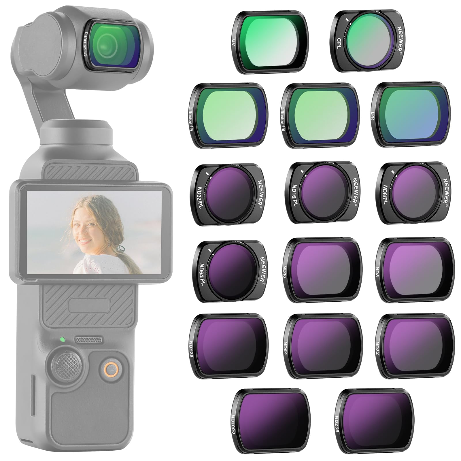 Photo 1 of NEEWER 16 Pack Filter Set for Pocket 3, ND8 ND16 ND32 ND64 ND128 ND256 ND1000 ND8/PL ND16/PL ND32/PL ND64/PL Black Diffusion 1/4 1/8 UV Light Pollution CPL Compatible with DJI Osmo Pocket 3, FL-B06