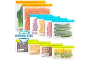 Qinline Reusable Food Storage Bags - 10 Pack Dishwasher Safe Freezer Bags, BPA Free Reusable Bags Silicone, Leakproof Reusable Lunch Bag for Salad Fruit Travel - 2 Gallon 4 Sandwich 4 Snack Bags