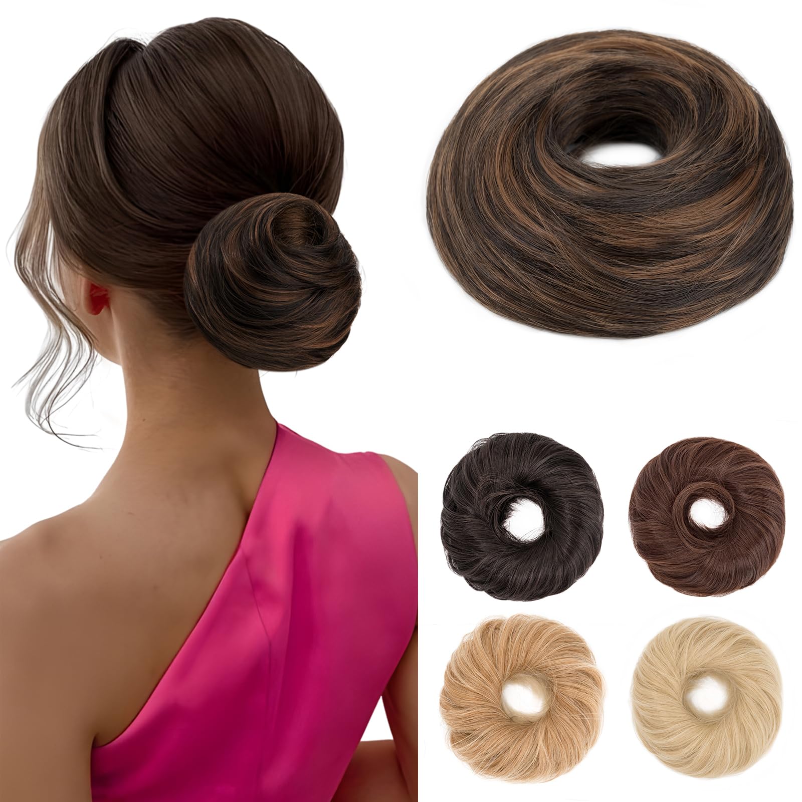 Benehair Curly Hair Buns Scrunchies - Synthetic Ponytail Bun Extensions - Light to Dark Brown Hair Pieces for Women (55g)