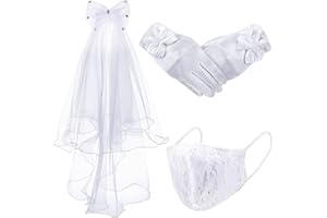SINTEGE 3 Pieces Halloween Ghost Bride Set for Little Girls Veil Gloves Mantilla Veil Headpiece White Satin Gloves Lace Face Covering Headband Accessories for Girls 7-16 Kids Halloween Decoration