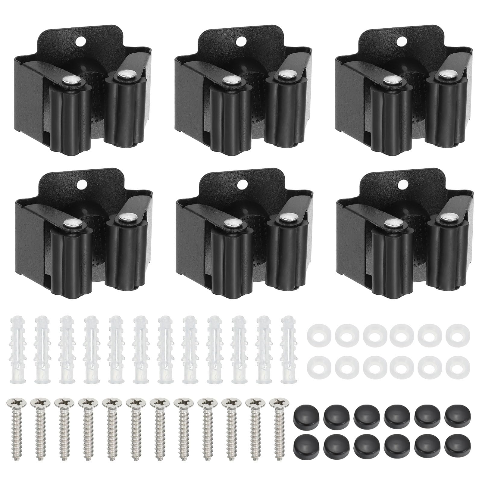 PATIKIL Broom and Mop Holder, 6 Pack Wall Mounted Stainless Steel Mop Hanger Heavy Garden Tool Organizer Rack Hanging Clips with Screws for Home Garage, All Black