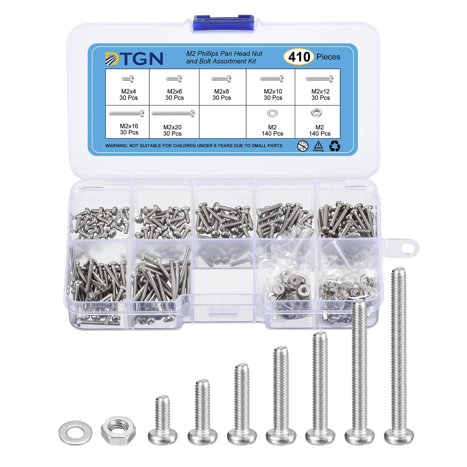 DTGN 410Pcs Machine Screws Assortment Kit, M2 Phillips Pan Head Nut and Bolt Assortment Kit, M2x4/6/8/10/12/16/20mm Metric Bolt Assortment, 304 Stainless Steel With Washers