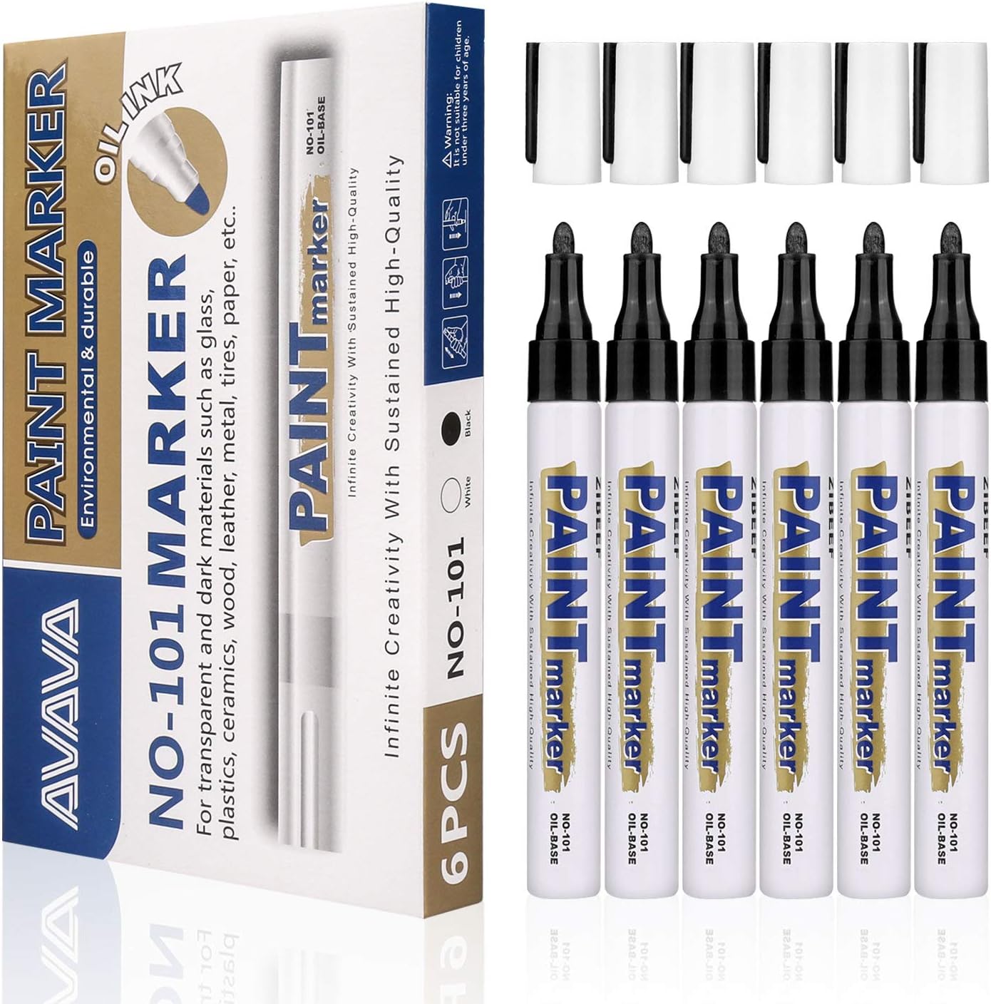 AVAVA Paint Marker,Oil Based Paint Pen, 6 Pack Black Permanent Markers, Metallic Paints Pen,Fabric Marker