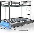 Rolanstar Metal Bunk Bed Twin Over Twin with USB Charging Station, LED Bunk Bed with 2 Storage Drawers, Bed with Safety Guardrail & Ladders, No Box Spring Needed, Easy Assembly, Grey