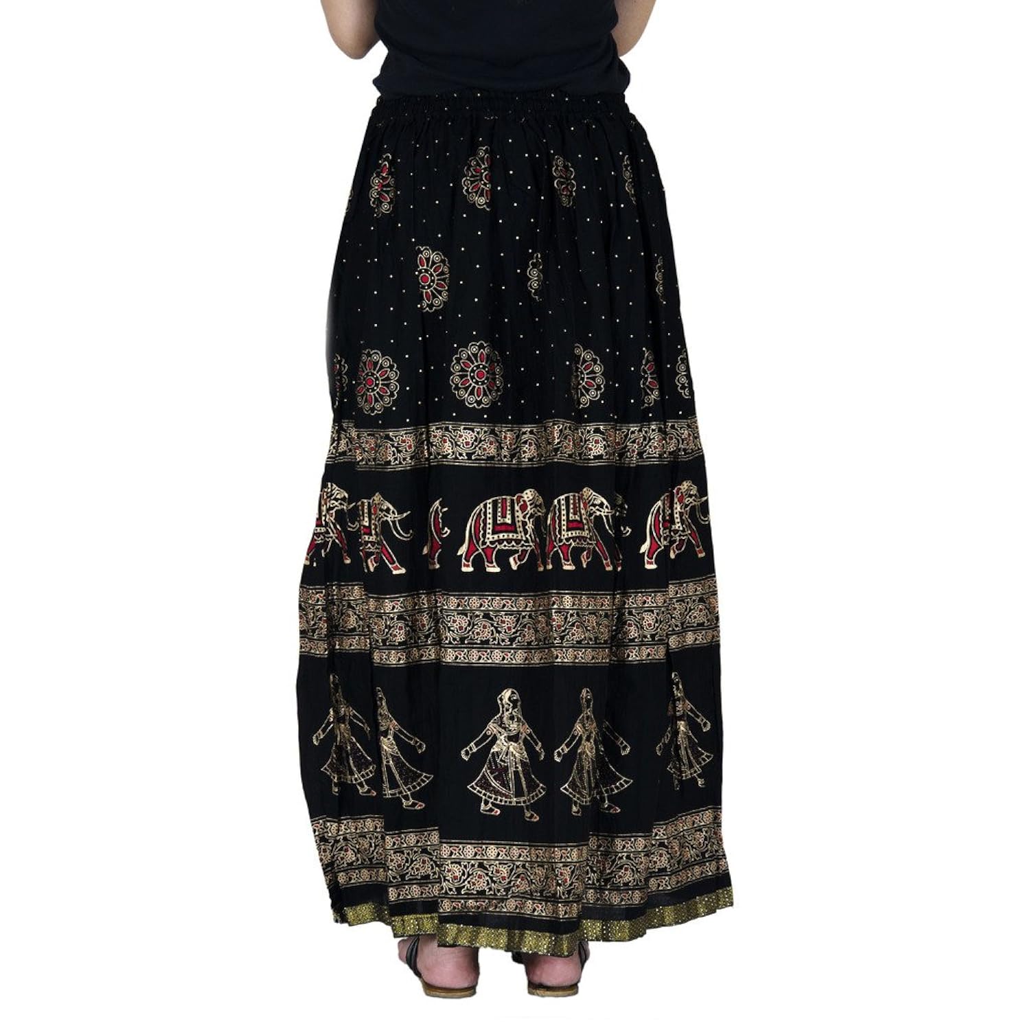 rangsthali gold printed cotton long skirt for women (free size)