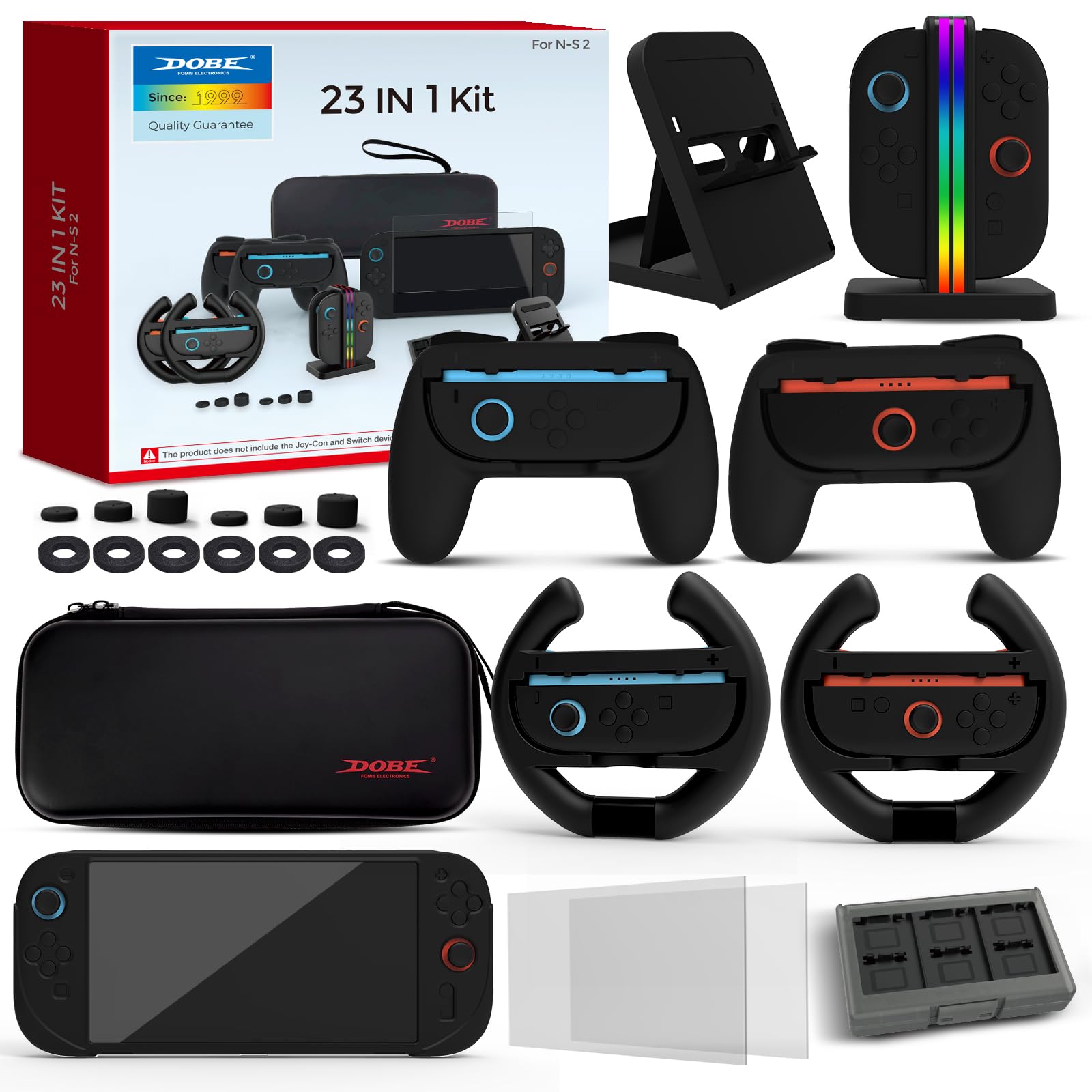 Accessories Bundle for Nintendo Switch 2 (2025 Model, 7.9" Display) - Fast Charging Dock, Hard Carrying Case, Screen Protector, Steering Wheels, Comfort Grips & Full Set (Gift Boxed), Black