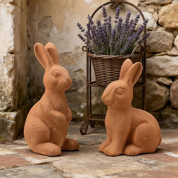 FOLDTIER 2 PCS EASTER TERRACOTTA BUNNY FIGURINES DECORATIONS HANDMADE RUSTIC RABBIT STATUES EASTER VINTAGE STANDING SITTING RABBIT FARMHOUSE BUNNY DECOR FOR SPRING HOME INDOOR TABLE SHELF CENTERPIECE