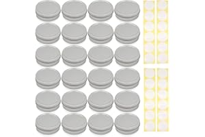 SimbaLux Screw Top Round Steel Tin Cans 4 oz (120 ml) with Self Adhesive White Round Stickers, 24-Pack