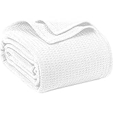 100% Cotton Blankets Queen Size for Bed - Waffle Weave Blankets for Summer, Lightweight and Breathable Soft Woven Blanket for Spring, White, 90x90 Inches (White, Queen (90" x 90"))