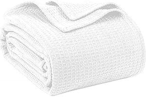 QUBA LINEN 100% Cotton Blankets Queen Size for Bed - Waffle Weave Blankets for Summer, Lightweight and Breathable Soft Woven Blanket for Spring, (White, Queen (90" x 90"))