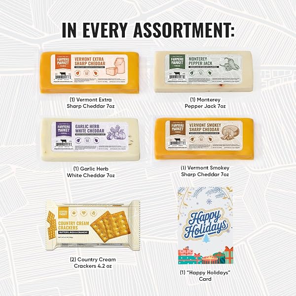 FARMERS MARKET CHEESE GIFT BASKET ASSORTMENT – WISCONSIN CHEESE GIFT SET WITH CRACKERS & HOLIDAY CARD, KETO FRIENDLY, LOW SODIUM, ZERO SUGAR SNACK BOX, GOURMET CHEDDAR & PEPPER JACK GIFT FOR HOLIDAYS
