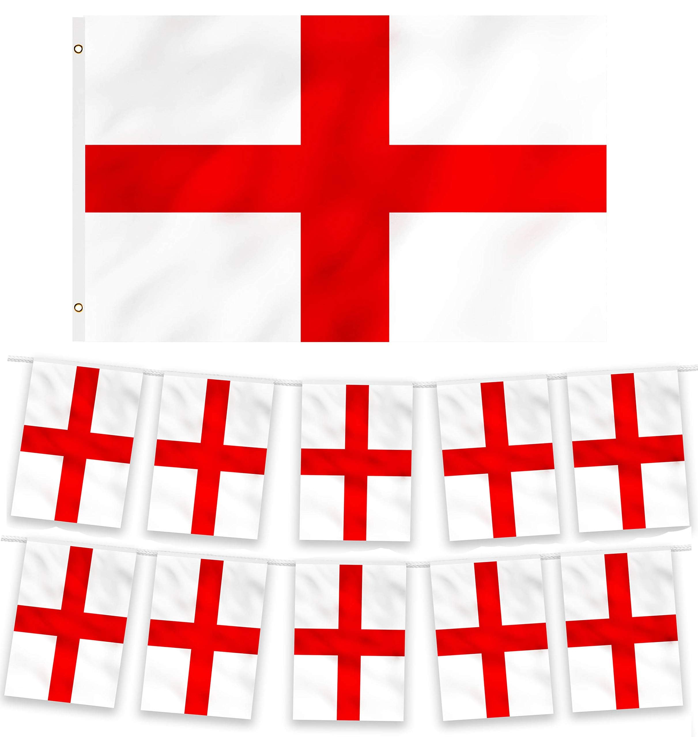 England Flags 5ft x 3ft and England Bunting 10m Six Nations Bunting Euro's Decorations Football Party Decorations - St Georges Flag Bunting Rugby Decorations