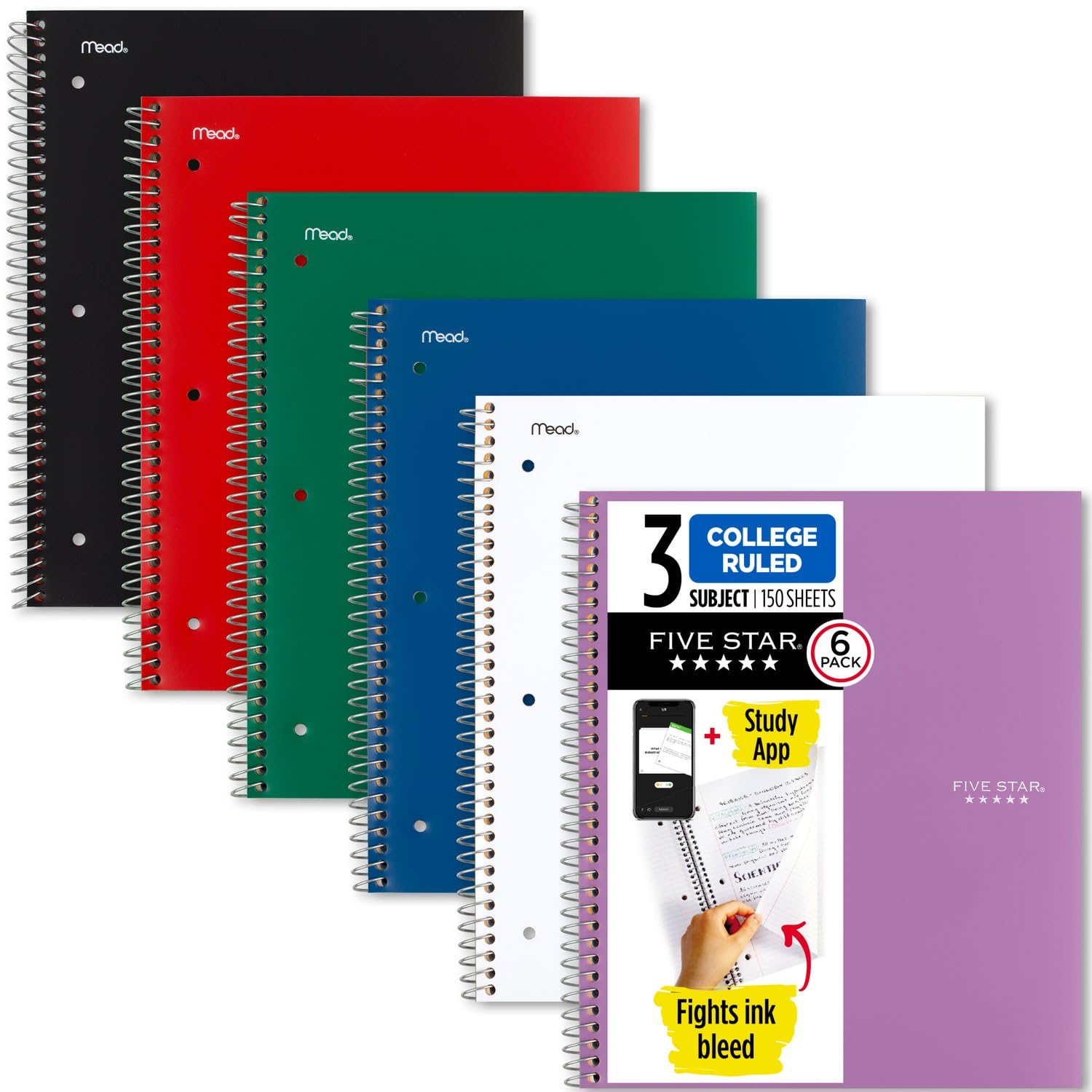 Five Star Spiral Notebooks Plus Study App, 6 Pack, 3 Subject, College Ruled Paper, 11" x 8-1/2", 150 Sheets, Black, Red, Green, Blue, White, Purple (73930)