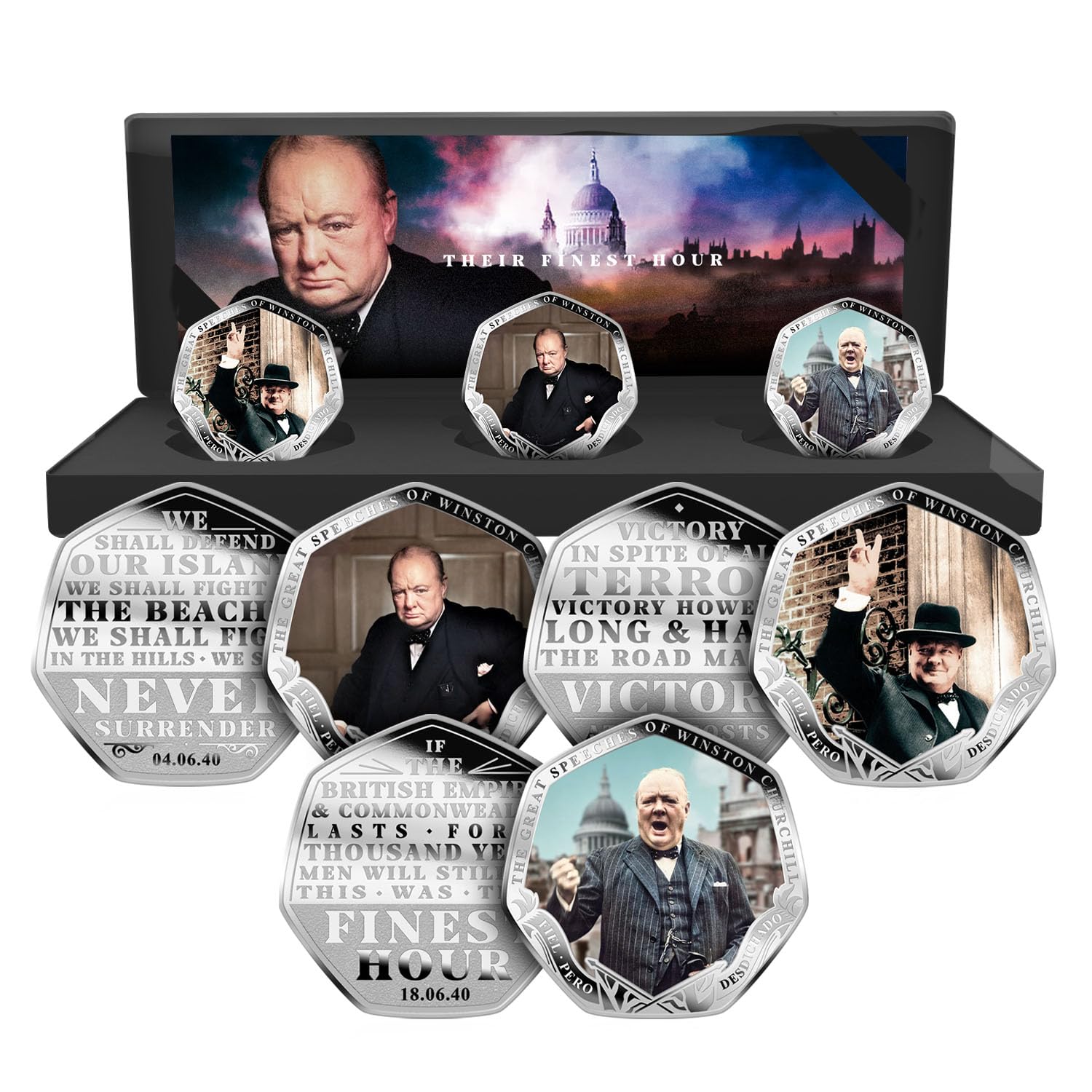 The Koin Club Winston Churchill Famous Speeches 3 Colour Silver Commemorative Coins in Box Set