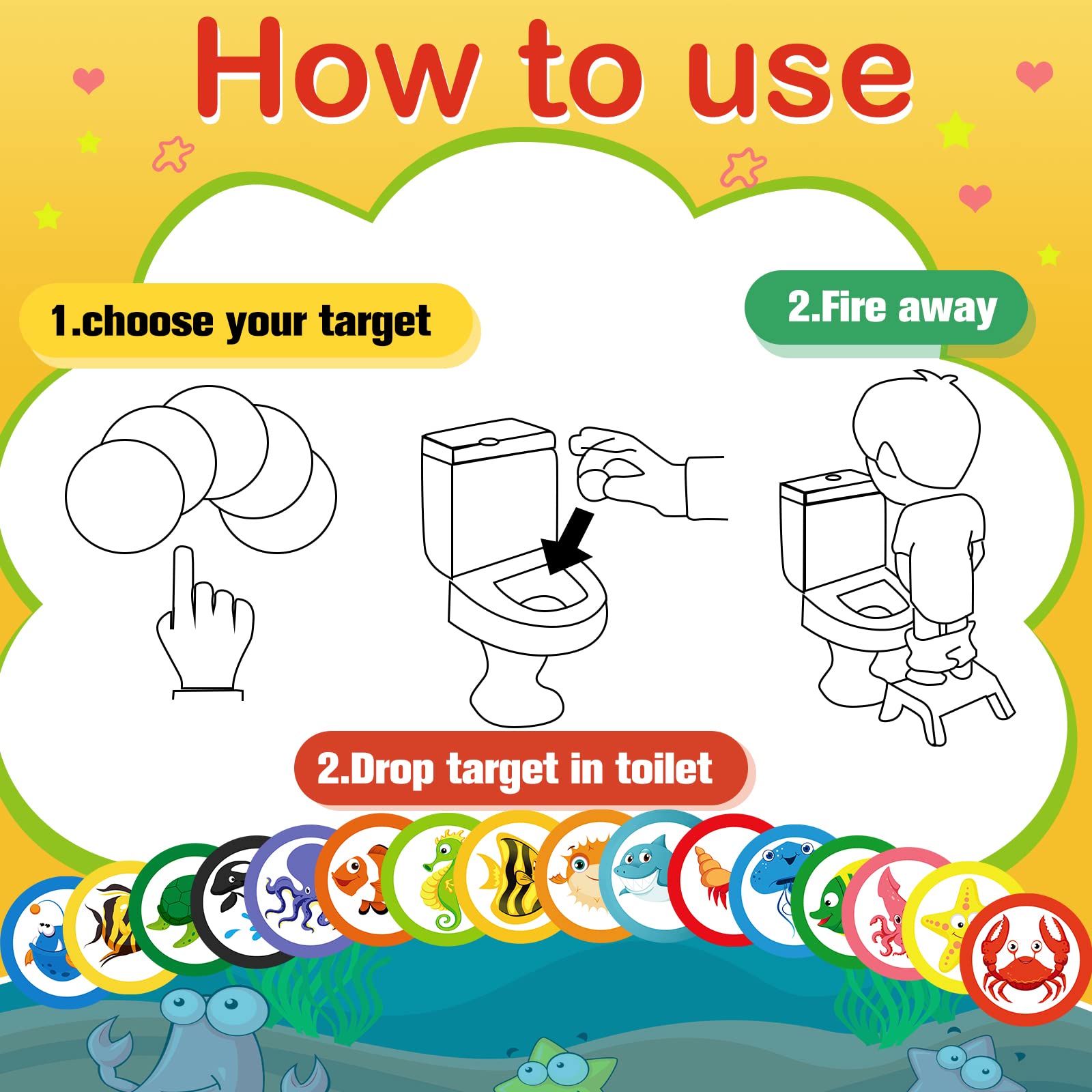 Woanger 240 Pieces Toilet Targets for Boys, Ocean Animals Potty Training Flushable Targets Sea Creatures Potty Training Stickers 2 Inch Pee Stickers Color Changing Pee Signs for Toddler Boys Training