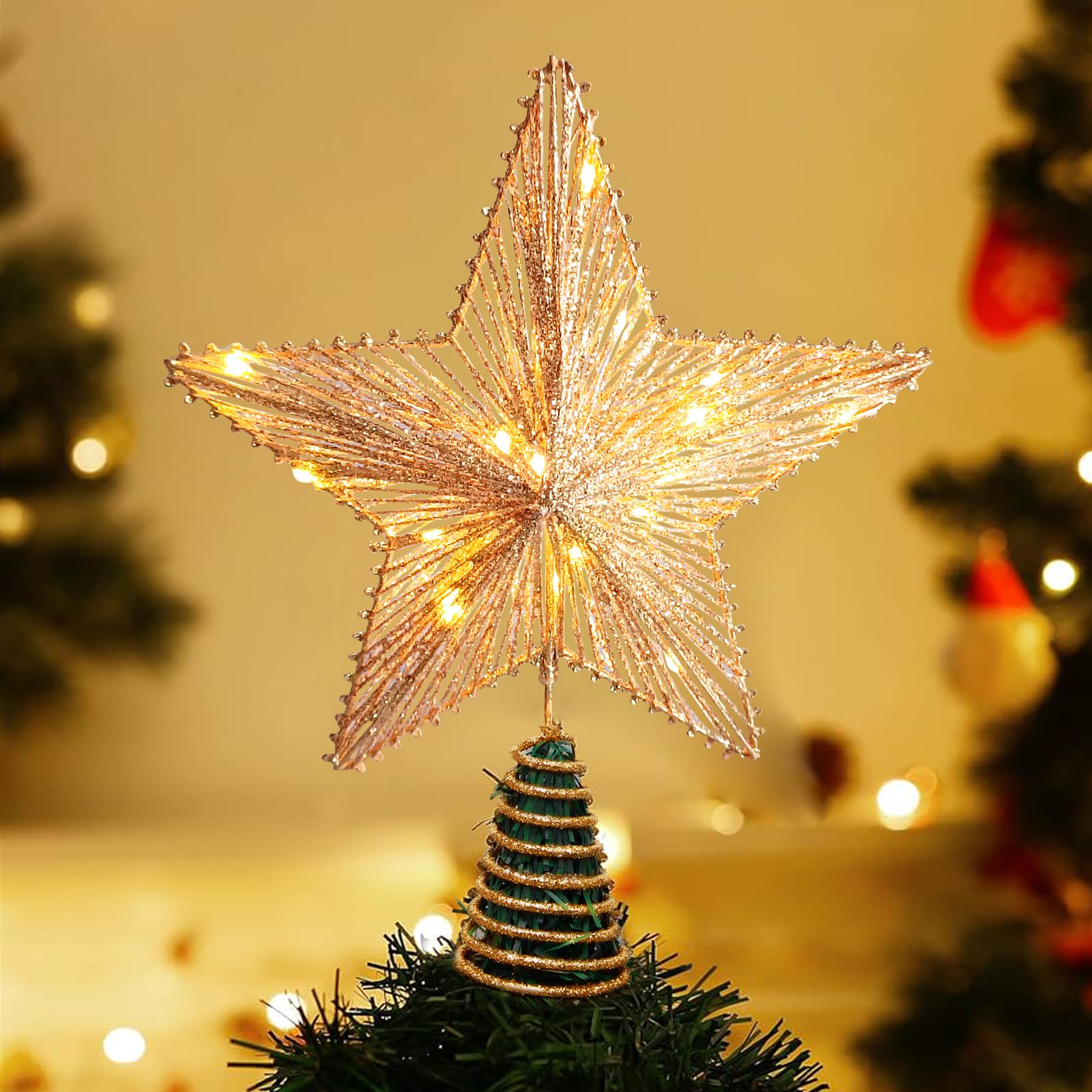 Photo 1 of Christmas Tree Topper 10" Golden Glittered Star Tree Topper with 30 LED Lights Xmas Tree Topper Star for Xmas Decorations Ornaments Holiday Party Indoor Decor