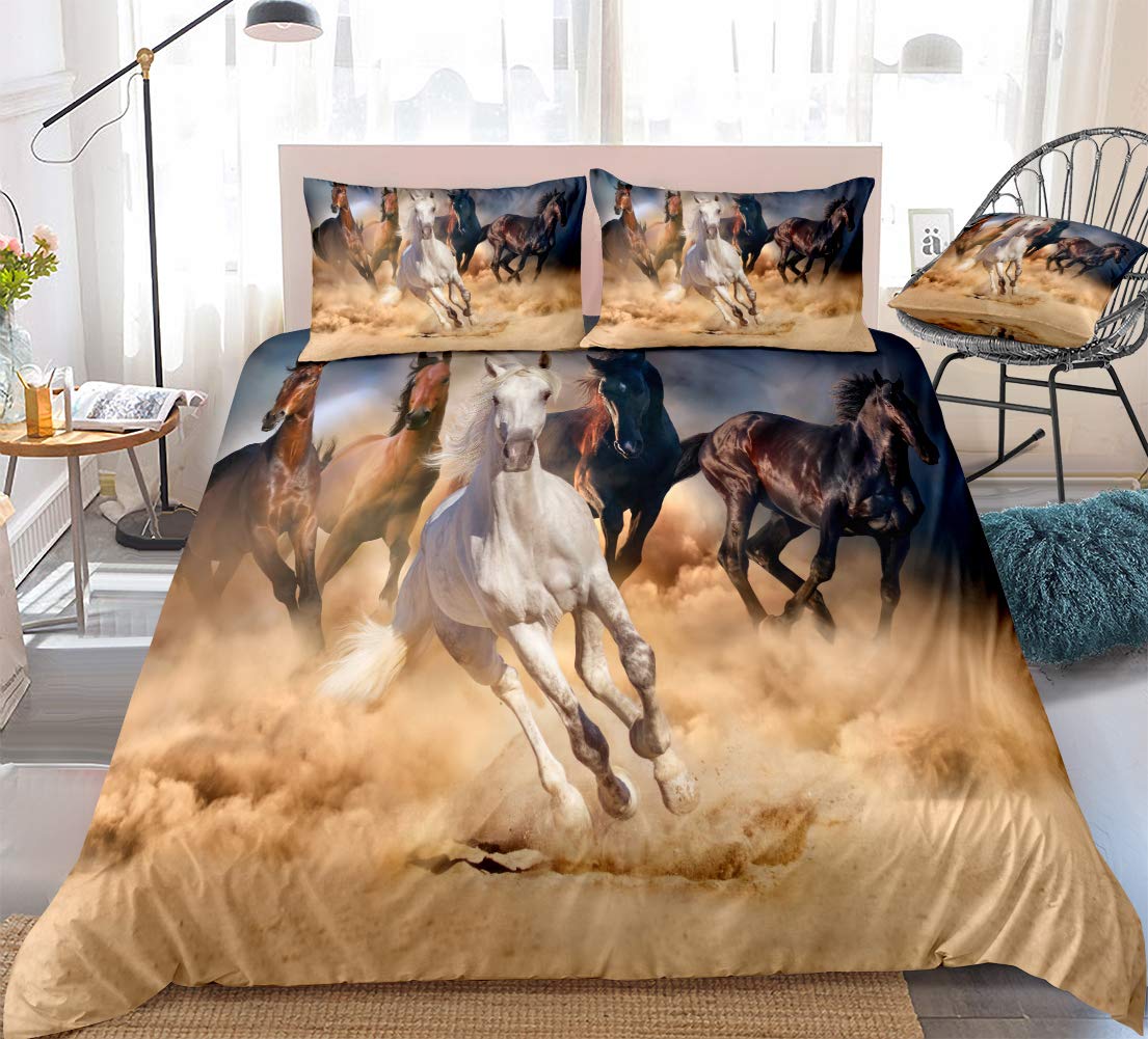 3D Horses Duvet Cover Set White Black Horses Bedding Boys Teens Animal Quilt Cover Queen 1 Duvet Cover 2 Pillowcases (Horses, Queen)