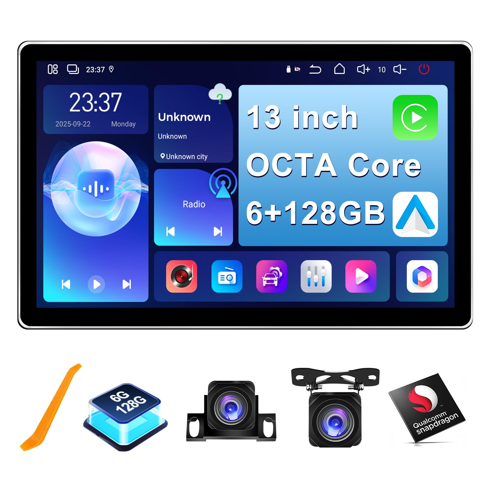Photo 1 of ***SIMULAR ITEM*** 6+128GB 13 inch Double Din Touch Screen Android Car Stereo with Front and Rear Camera Octa Core Qualcomm Android 15 QLED Bluetooth GPS Radio DSP AM FM RDS SWC WiFi MIC