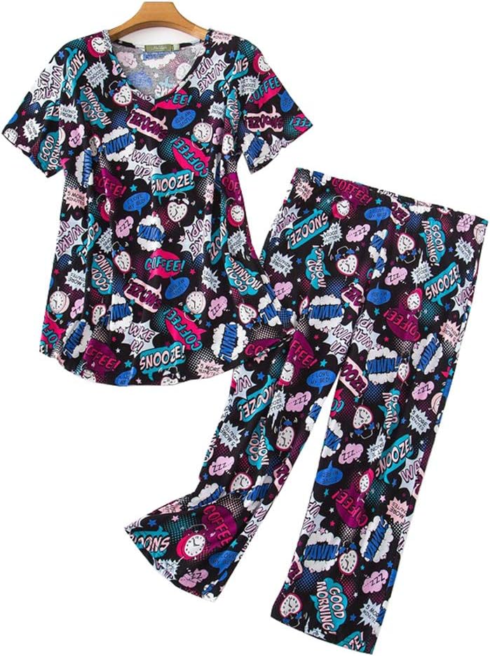 GTLY Women's Plus Size Pajama Sets Capri Pants with Short Tops Cotton Sleepwear Ladies Cute Cartoon Print Sleep Sets