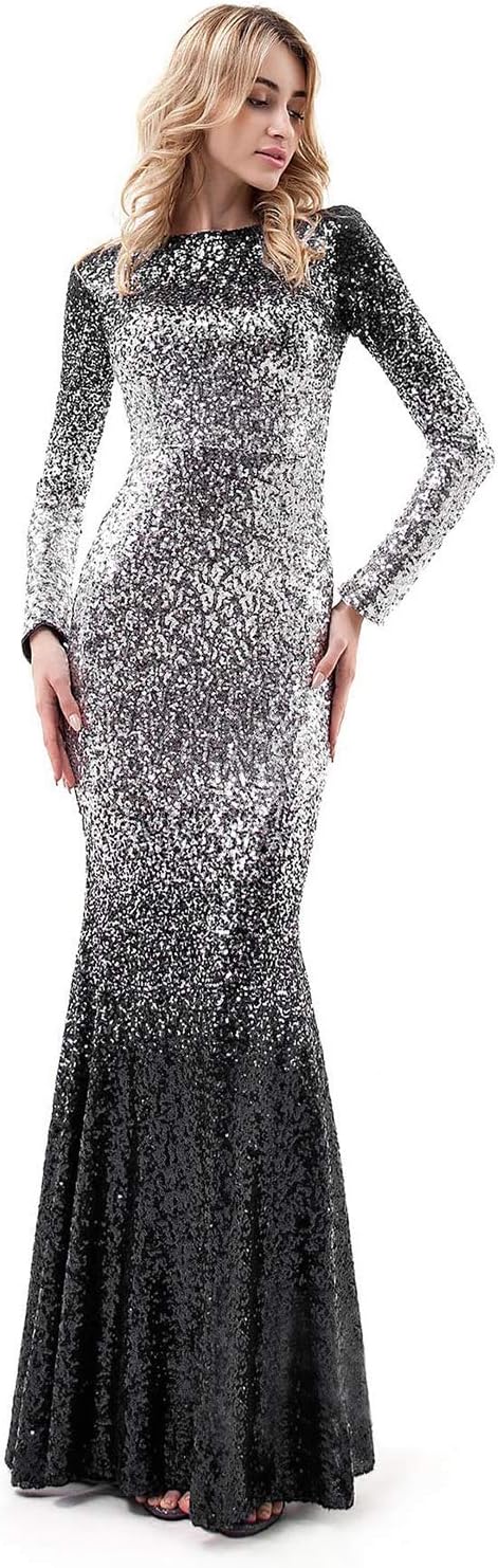 Scarisee Women Sequins Mermaid Evening Prom Party Dresses Long Sleeves FormalSA62