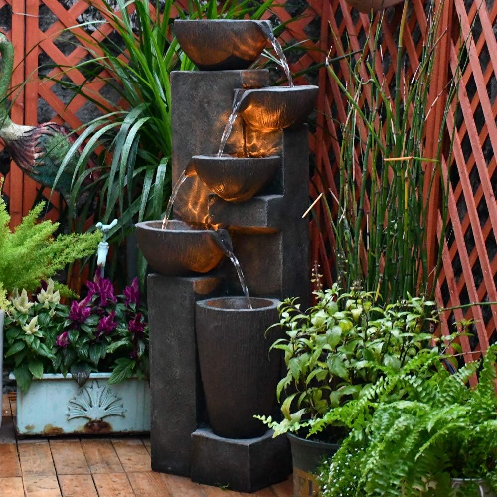 GF Gardenfans 5-Tier Outdoor Water Fountain Decor with LED Lighting Natural Looking Stone Resin Fountain Decor for Garden Patio Fold Court Yard Deck 12.99〃 L x 13.78〃 W x 39.76〃 H: Home & Kitchen
