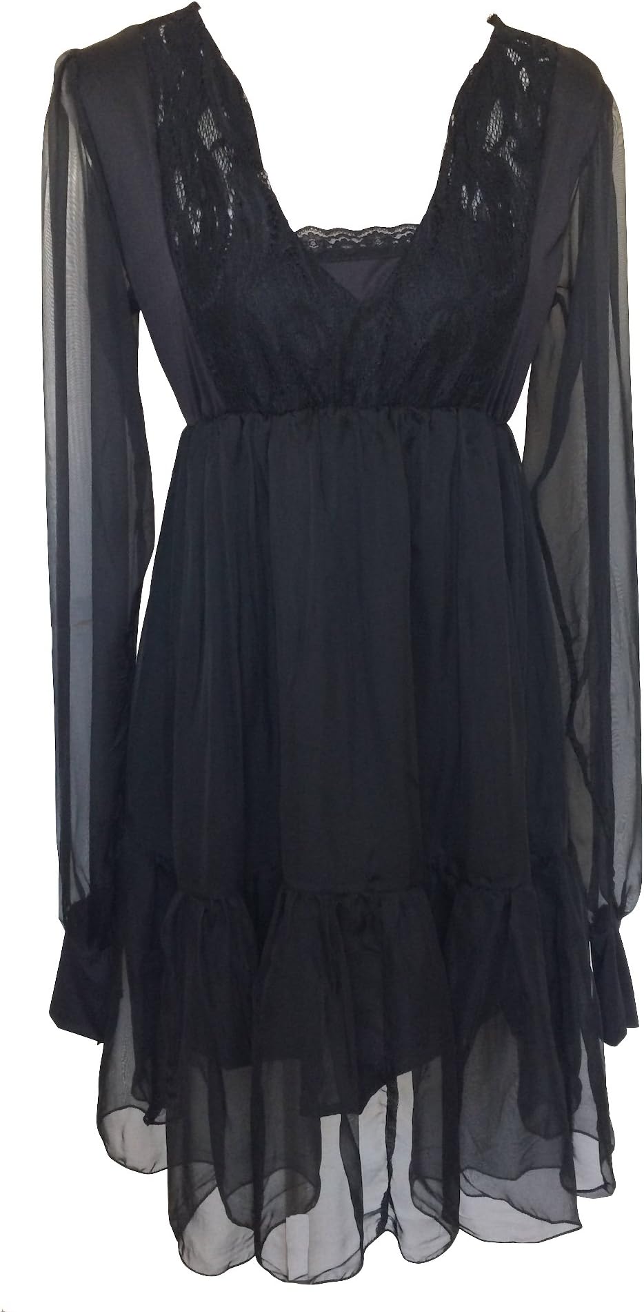 Black Peasant Boho Retro Empire Waist Gypsy Gothic Chic Hippy Lace Chiffon Dress Top