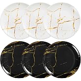 UNK U 10.5-Inch Marble Melamine Plates Set of 6, Black and White Marble Dinner Plates with Gold Accents, Dishwasher Safe Modern Plates for Wedding Dining & Special Events