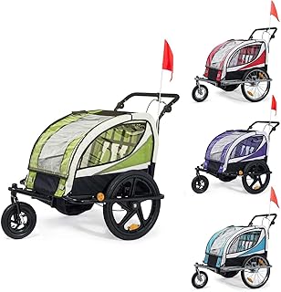 SAMAX Fahrradanhänger Jogger 2in1 360° drehbar Kinderanhänger Kinderfahrradanhänger Transportwagen vollgefederte Hinterachse für 2 Kinder in Grün - Black Frame
