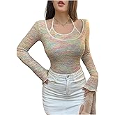 SHENHE Women's Fall Bell Sleeve Knit Sweaters Space Dye Going Out 2 in 1 Halter Pullover Tops