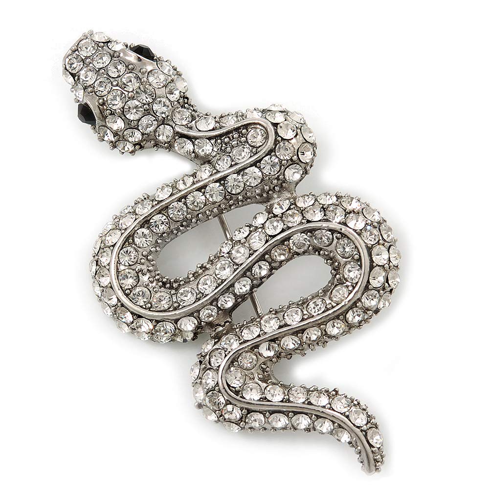 Clear Austrian Crystal 'Snake' Brooch In Silver Tone Plating - 65mm Length