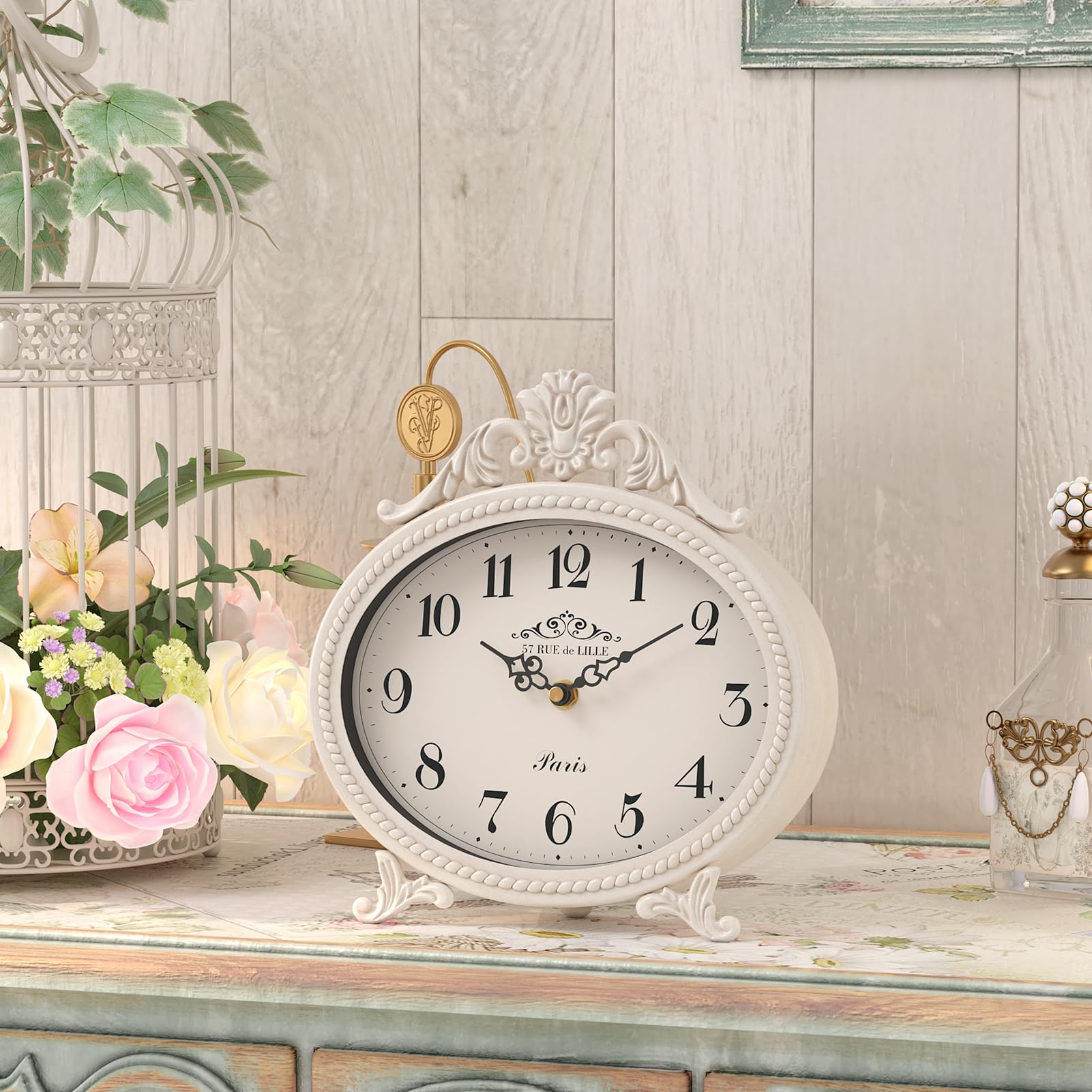 Abdurey Vintage Table Clock on Stand,Desk and Shelf Decorative Clock,French Rustic Style Mantel Clocks,Metal Frame Antique White Finish,Farmhouse,Bedroom, Bedside,Living Room,Gift Clocks