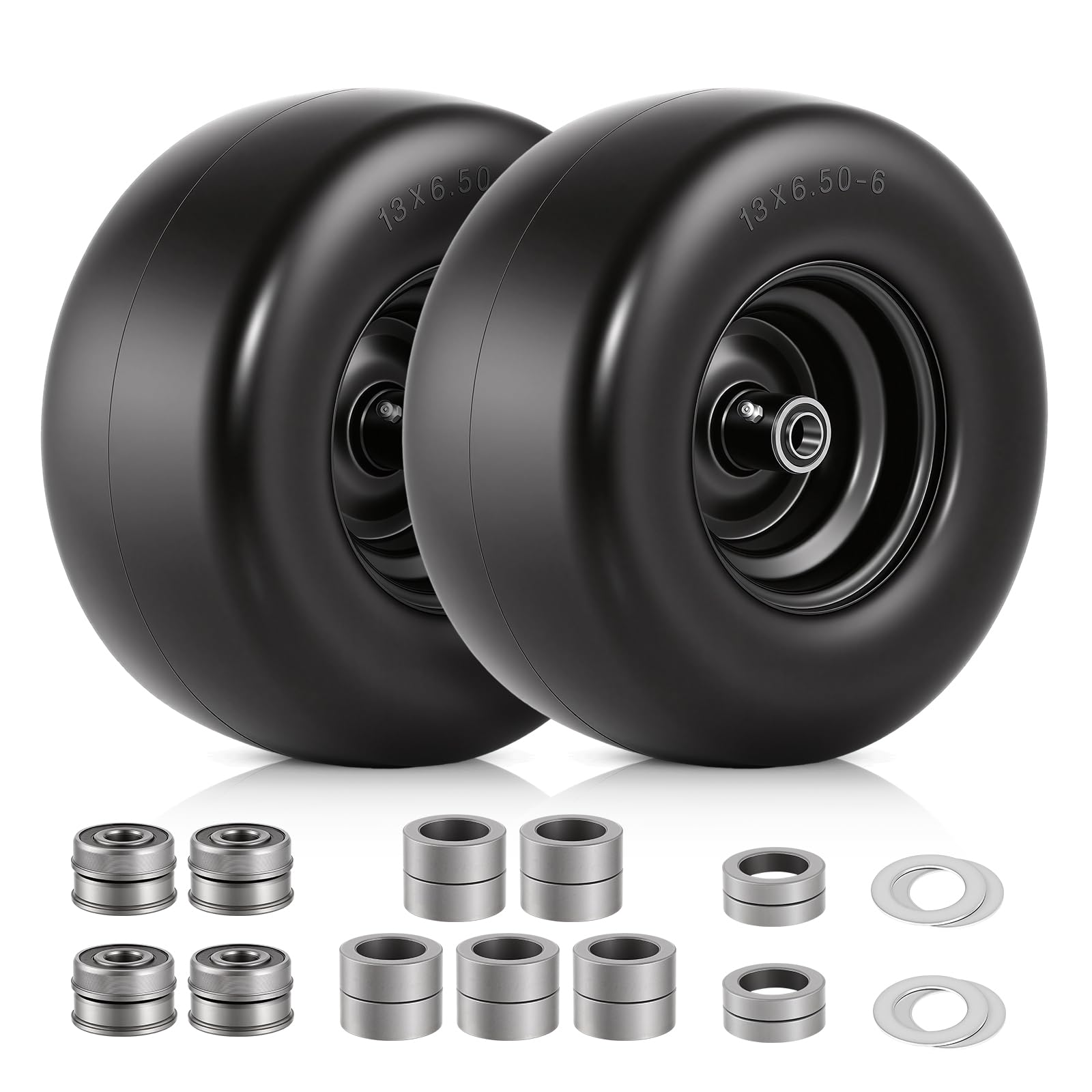 Photo 1 of ***Hardware Missing***2 PCS 13×6.50-6 Flat Free Lawn Mower Tires and Wheel, Solid Smooth Tread Tire, 13x6.50-6 Zero Turn Mower Front Tires for Commercial Garden Lawn, with 3/4" & 5/8" Bearings, 4"- 8.2" Centered Hub