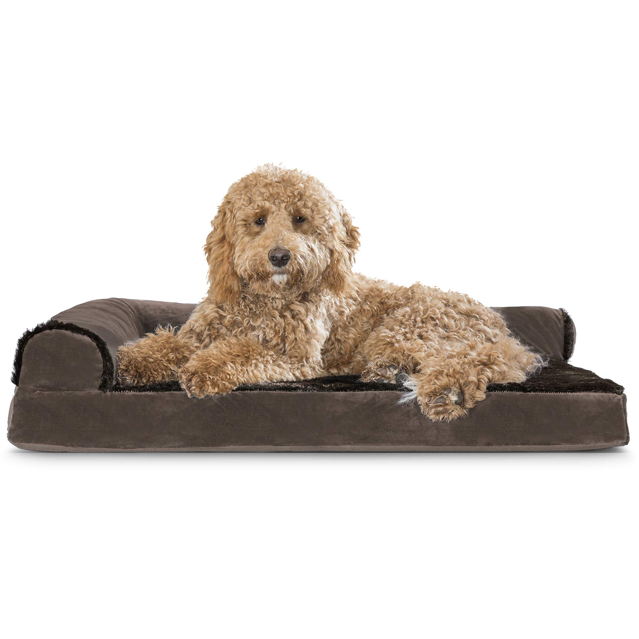 Furhaven Large Orthopedic Dog Bed Plush & Velvet L Shaped Chaise w/Removable Washable Cover - Sable Brown, Large
