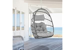 XIAO WEI Hanging Egg Chair Without Stand - Foldable Indoor Outdoor Wicker Rattan Swing Egg Chair with Hanging Chain Hammock Chair - UV Resistant Cushions & Aluminum Frame for Bedroom Patio Camping (Grey)