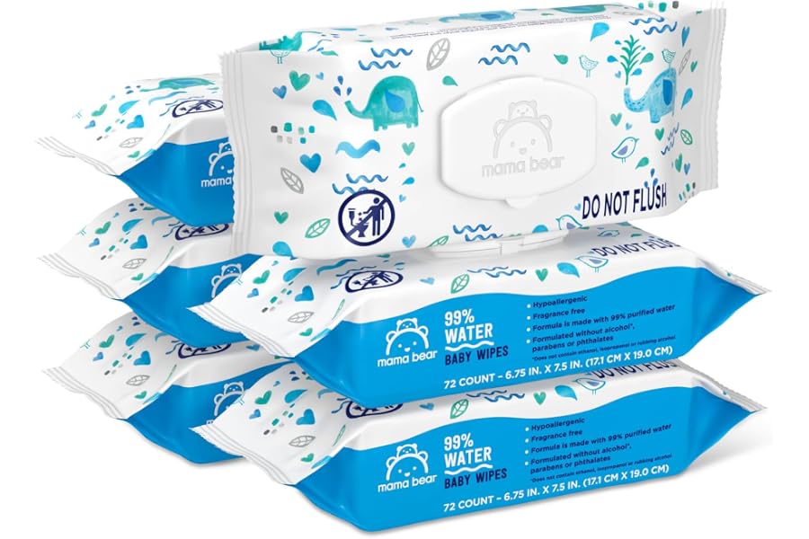 Amazon Brand - Mama Bear 99% Water Baby Wipes, Hypoallergenic, Fragrance Free,72 Count (Pack of 6)