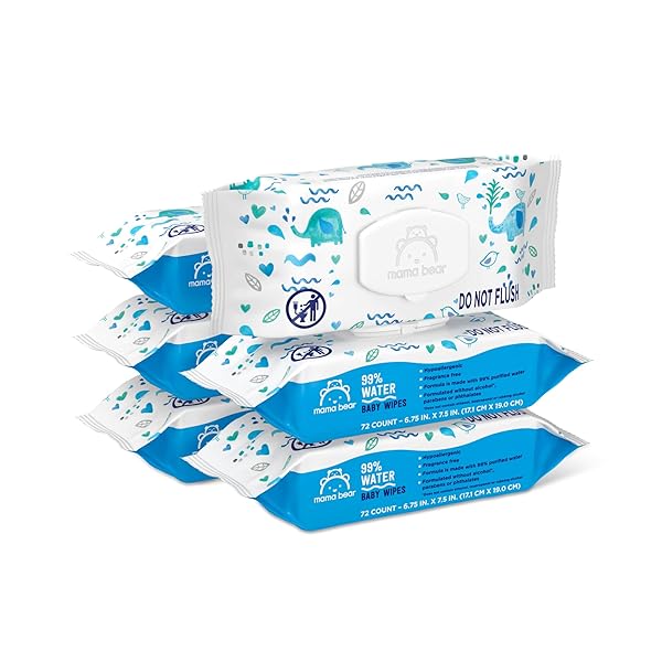 AMAZON BRAND – MAMA BEAR 99% WATER BASED BABY WIPES, HYPOALLERGENIC FOR SENSITIVE SKIN, FRAGRANCE FREE, 432 COUNT (6 PACKS OF 72)