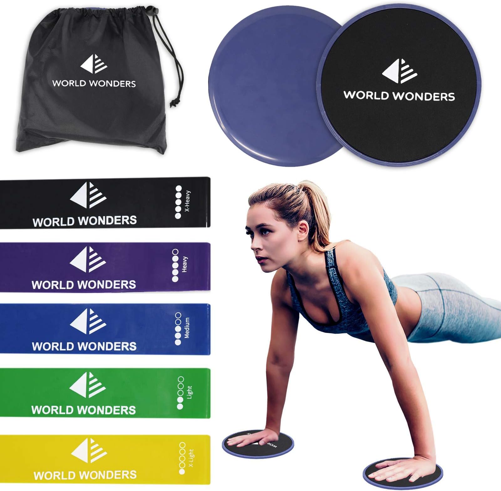 Strength Sliders (2) and Resistance Bands (5) Fitness Equipment by World Wonders | Workout for 80 Day Obsession, Beachbody, Pilates and Yoga | Sculpt Your Upper Body, Booties, and Abs | Gliders Work w