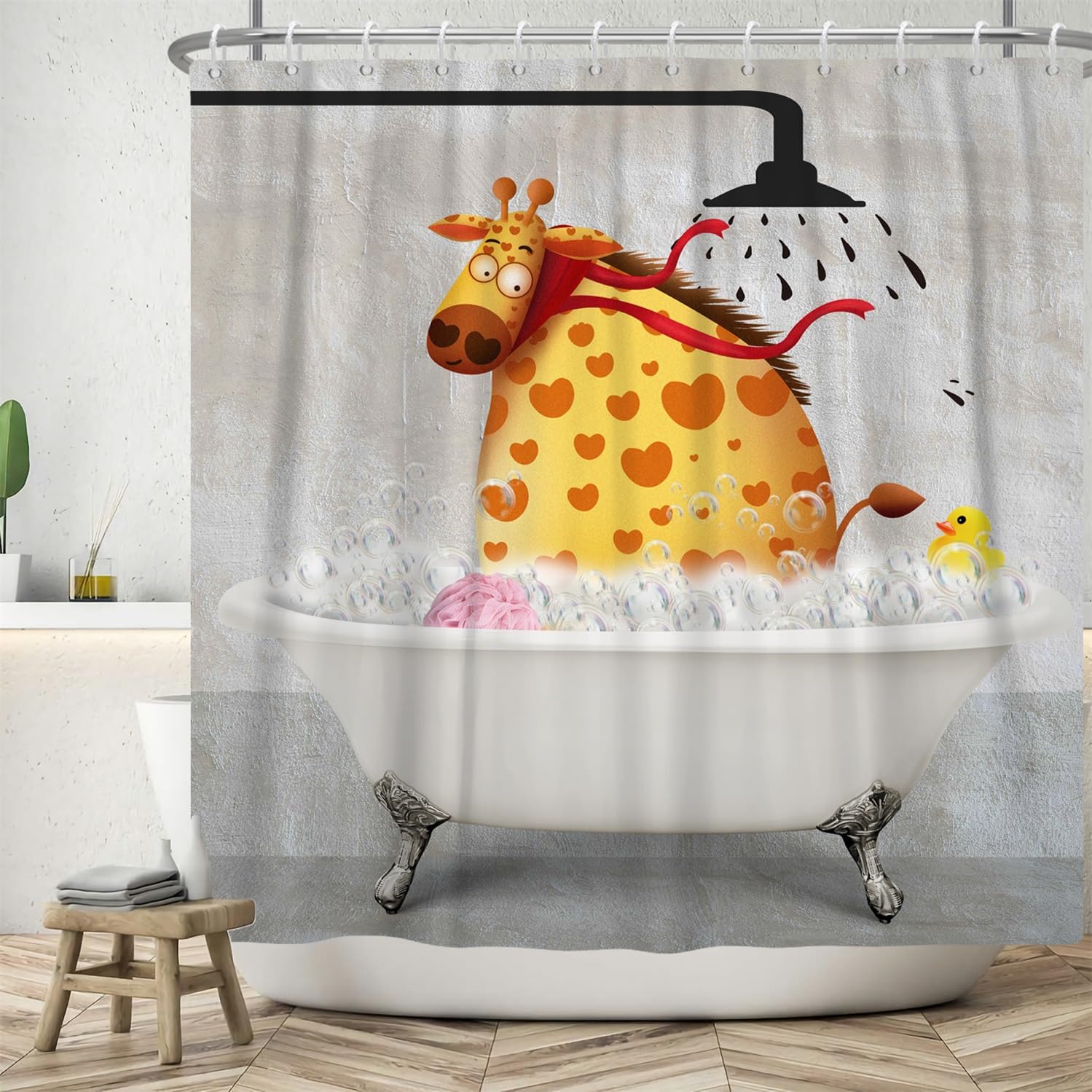 ASDCXZ Funny Shower Curtain 180x180 cm, Vintage Background Funny Giraffe Bathing Duck Kids Bath Washable Shower Curtains Polyester Textile Waterproof Bath Curtain for Bathtub with 12 Hooks — image 1