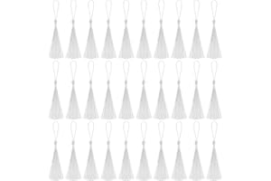 VAPKER 30 Pieces White Tassels 13cm/5-Inch Silky Handmade Soft Mini Tassels Floss Bookmark Tassels with 2-Inch Cord Loop for Jewelry Making, DIY Projects, Bookmarks