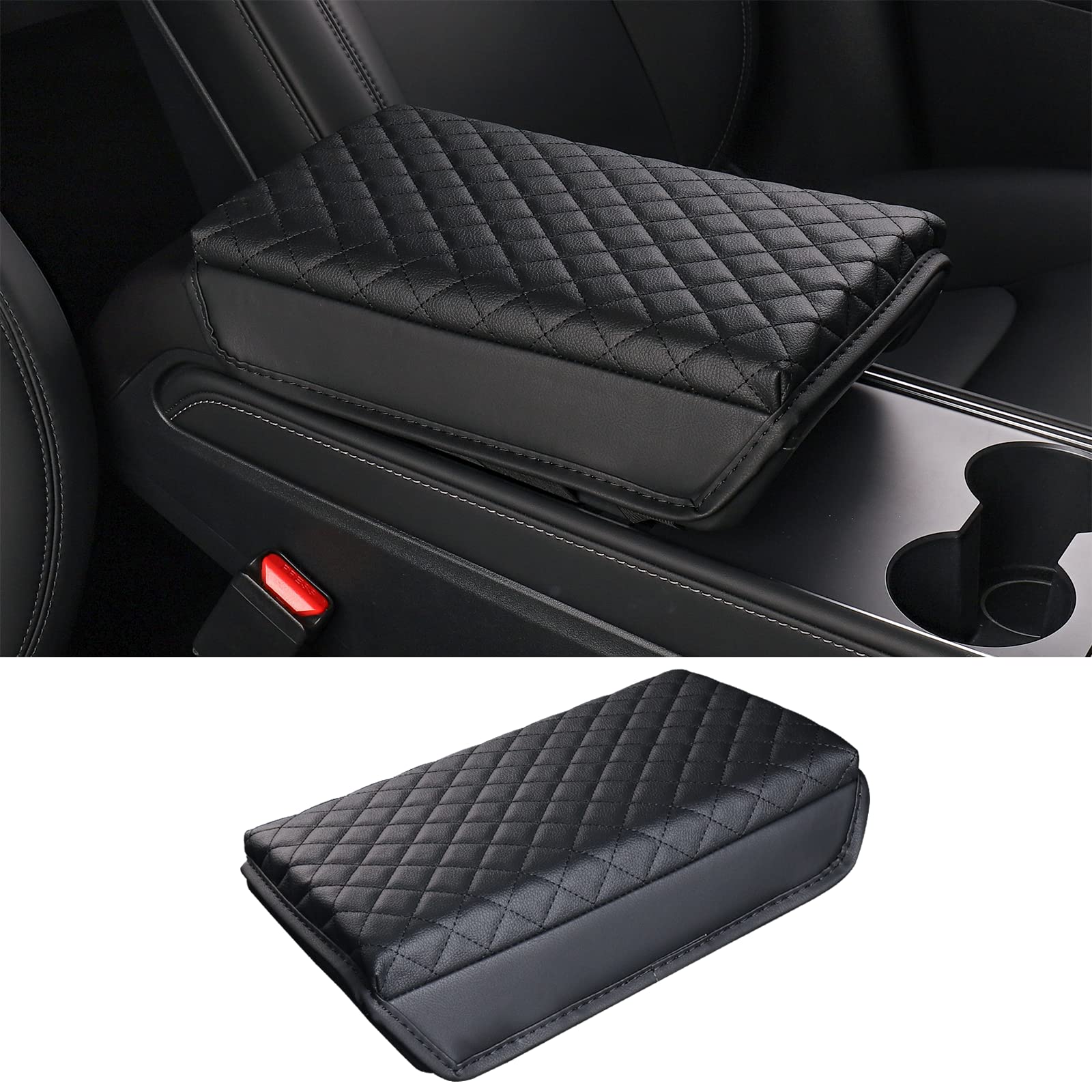 Photo 1 of Carwiner Center Console Cover for 2021-2026 Tesla Model 3 Model Y, PU Leather Armrest Box Cushion Protector Accessories