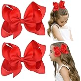 DEEKA 2 PCS 6" Big Hand-made Grosgrain Ribbon Solid Color Hair Bows Alligator Clips Hair Accessories for Little Teen Toddler Girls Kids Set of 2 -Red