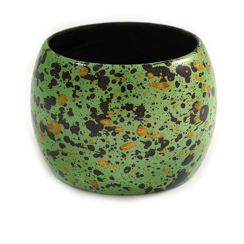 Avalaya Chunky Wooden Bangle Bracelet in Green/Gold/Black - Medium Size
