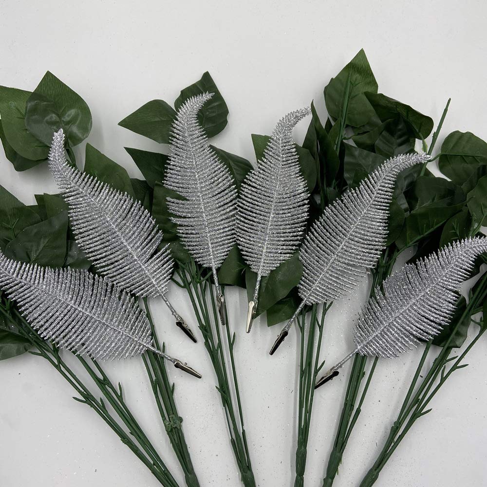 Yueshop 6pcs Christmas Tree Decoration Clip On Feather Glittery Baubles Ornament Personalised Christmas Bauble Xmas Decor Novelty Item 22cm (Silver)