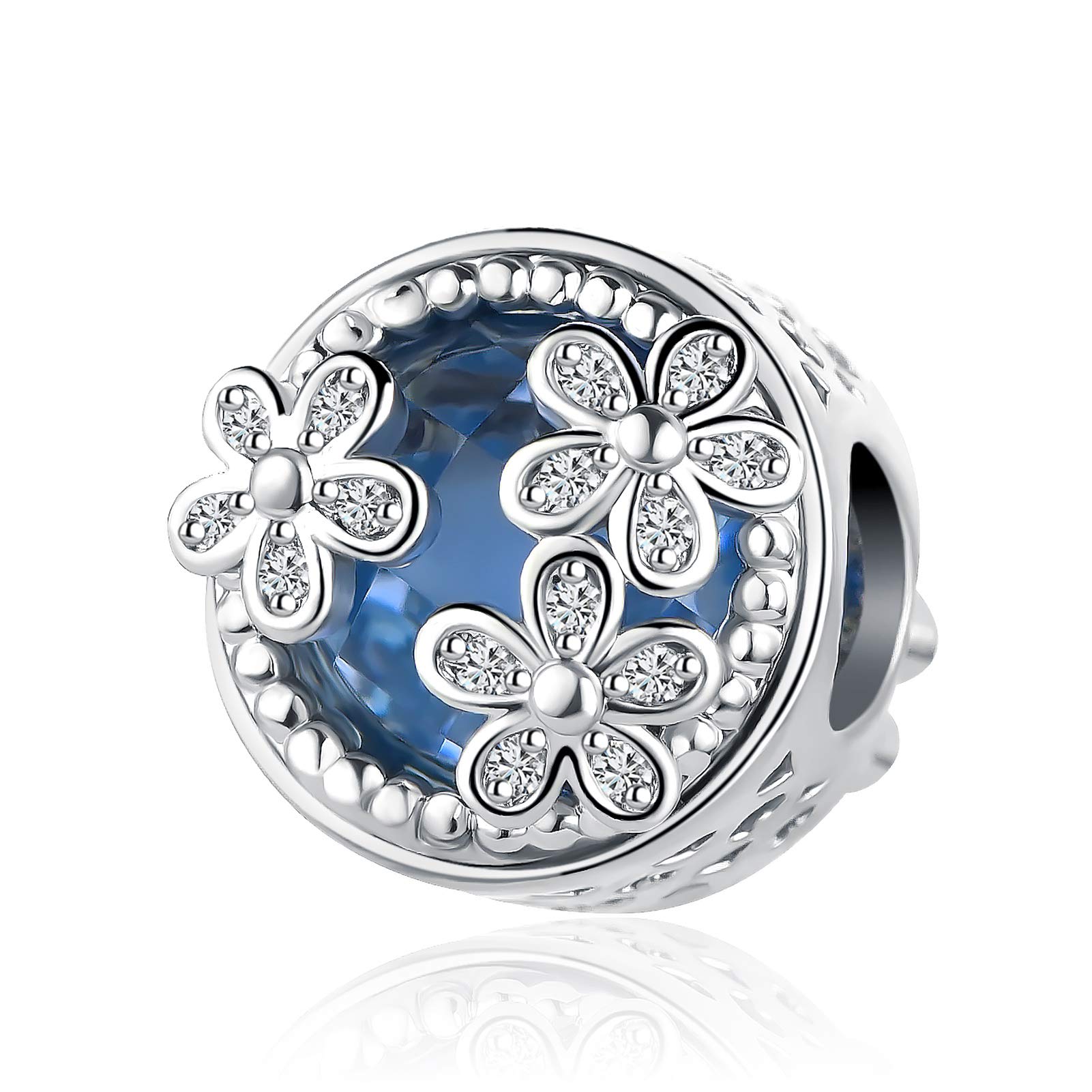 Blue Clear Flowers Radiant Heart Charm fits Pandora Charms Bracelets Christmas Birthday Jewellery Gift for Women Daughter Sister Granddaughter