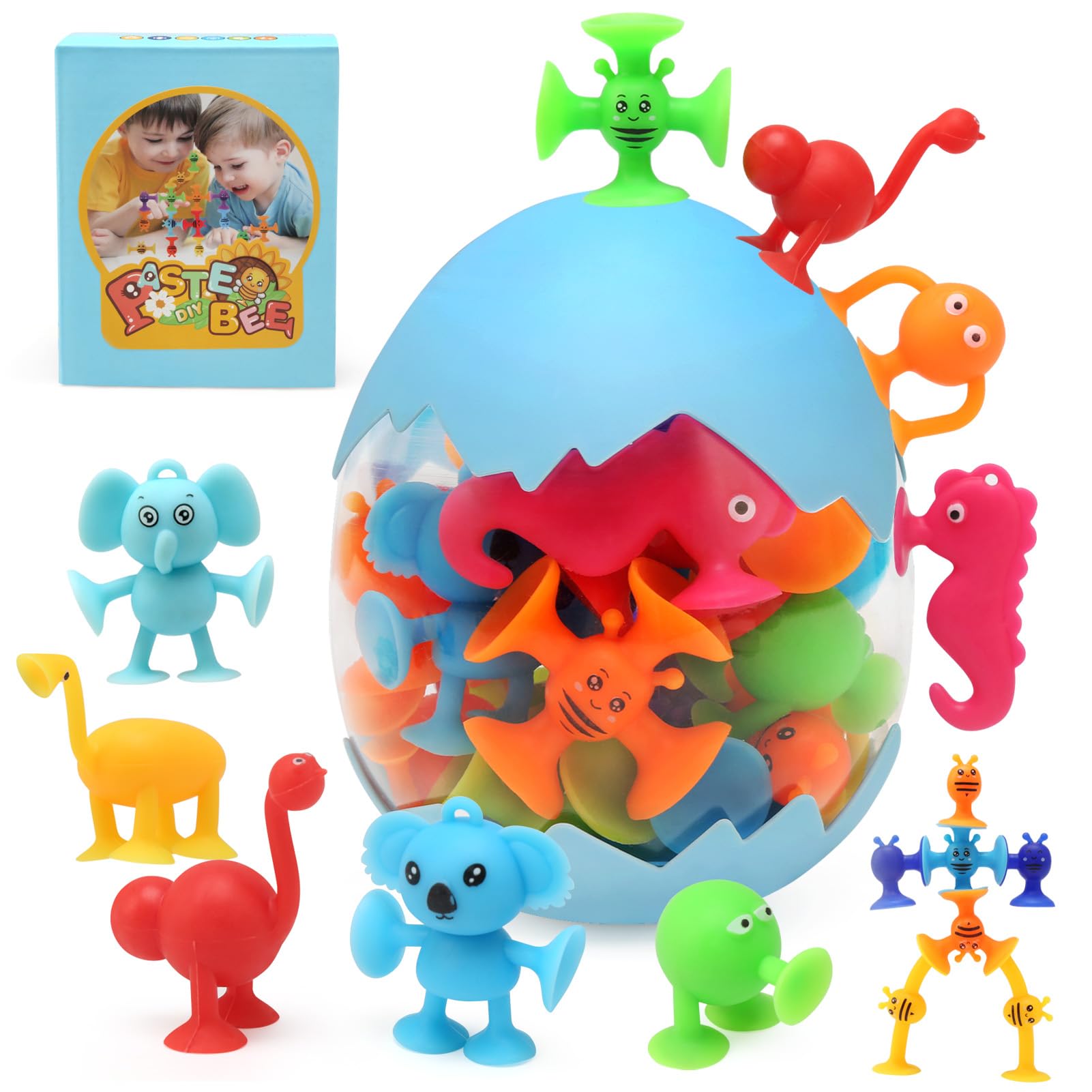 BelleStyle Suction Toys, 26 Pcs Bath Toys for Kids, Window Travel Toys for Toddlers on Plane, Silicone Sucker Sensory Fidget Toys, Montessori Building Toys Gifts for 3 4 5 6 7 Year Old Boys Girls