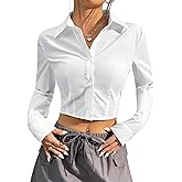 SUNNOW Women's Cinched Waist Crop Top Button Down Shirt Long Sleeve Fitted Blouse for Elegant Office to Weekend Wear