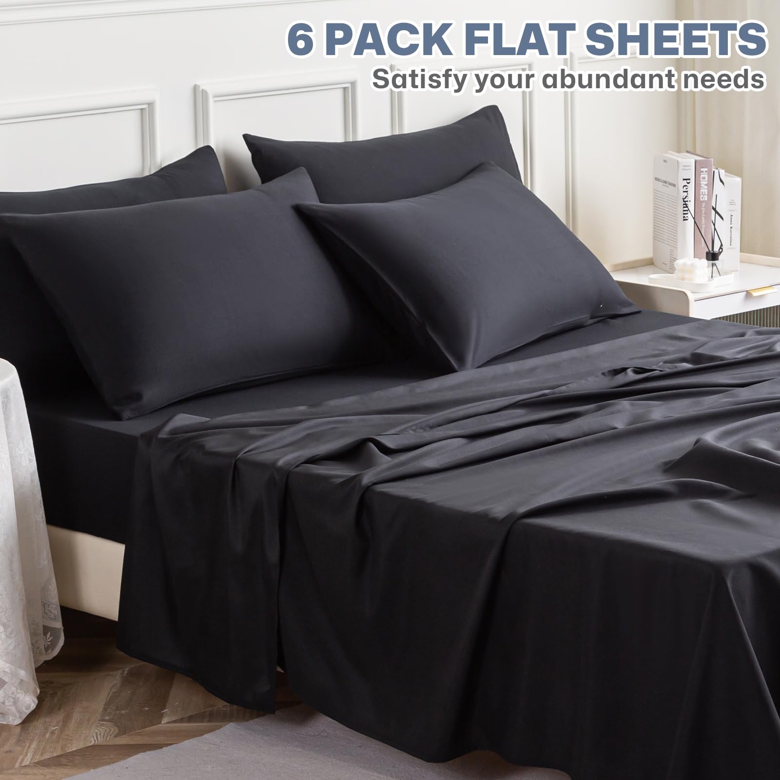 Full Flat Sheets 6 Pack,Black Brushed Microfiber